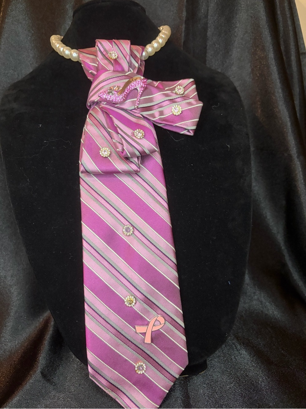 Calvin Klein Pink and Purple Striped Satin Ribbon Tie Necklace